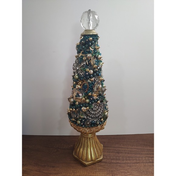 Handmade Vintage Jewelry Christmas Tree Upcycled Art Teal Gold Rhinestones